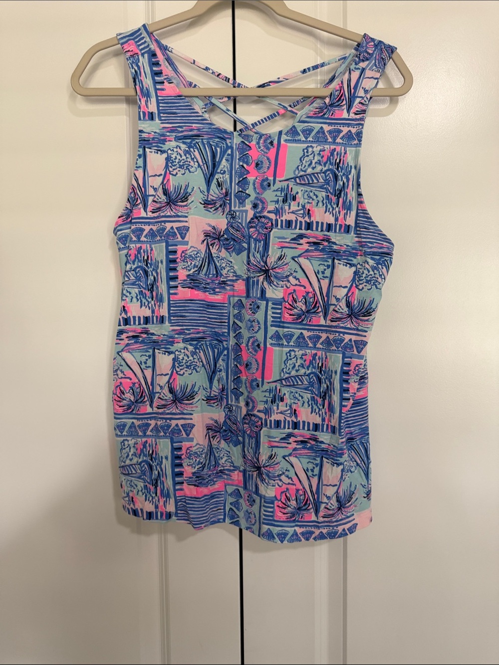 Lilly Pulitzer Pink & Blue Patterned Sleeveless Crisscross Top